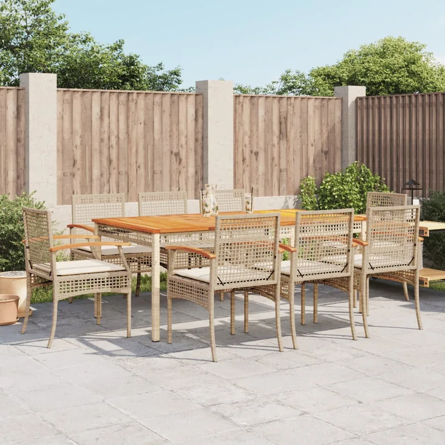 Ensemble à manger de jardin et coussins 9 pcs beige Poly rotin