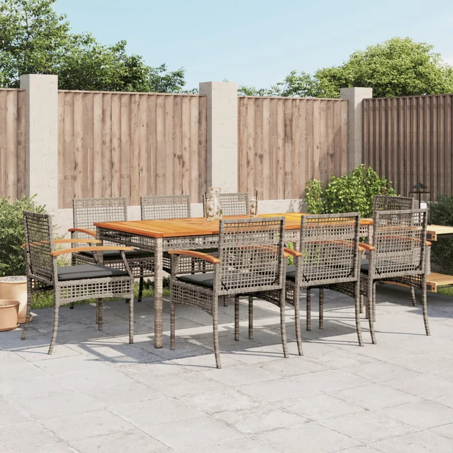 Ensemble à manger de jardin 9 pcs coussins gris résine tressée