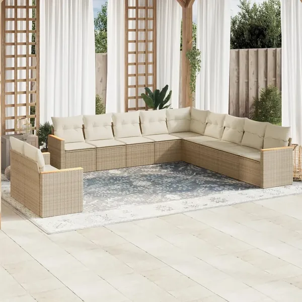 Salon de jardin 11 pcs avec coussins beige résine tressée