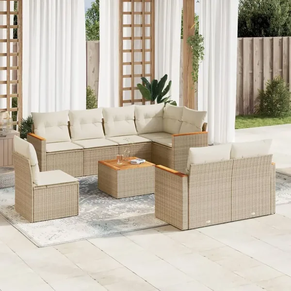 Salon de jardin avec coussins 9 pcs beige résine tressée
