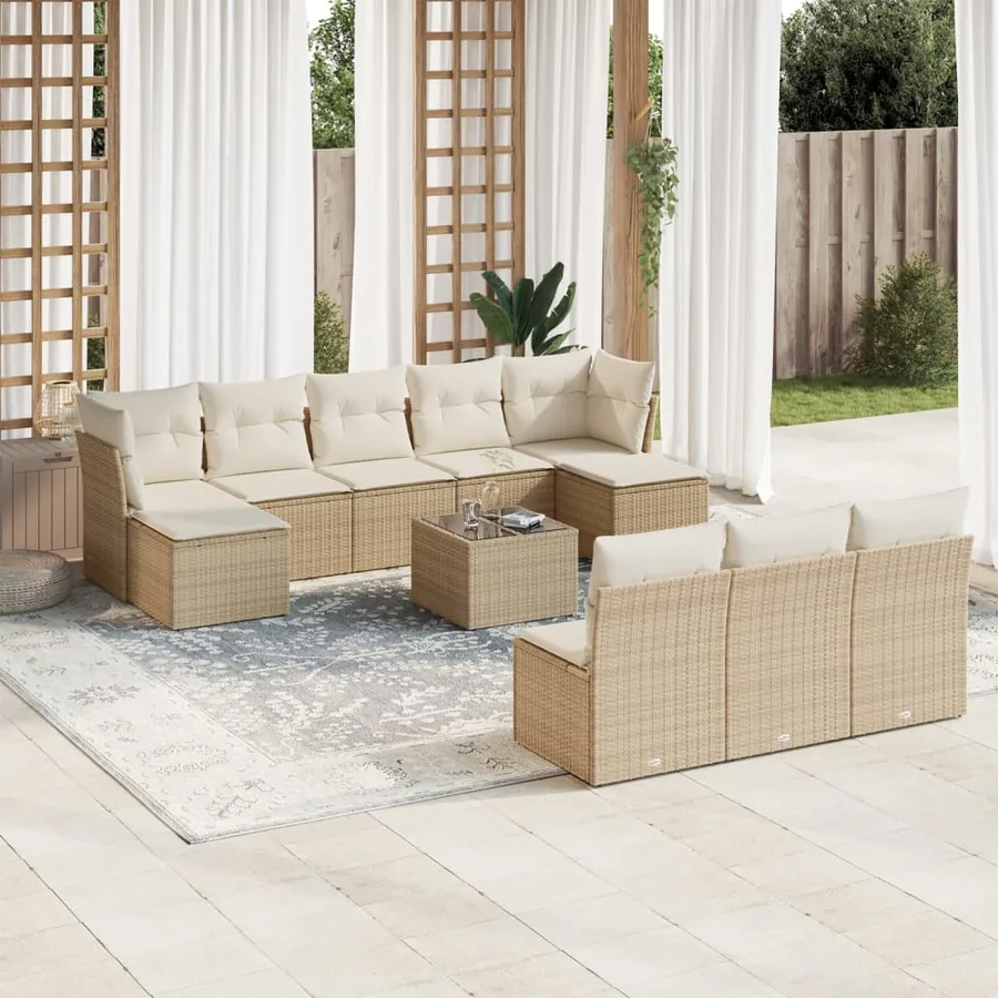 Salon de jardin 11 pcs avec coussins beige résine tressée