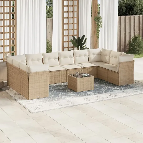 Salon de jardin 11 pcs avec coussins beige résine tressée