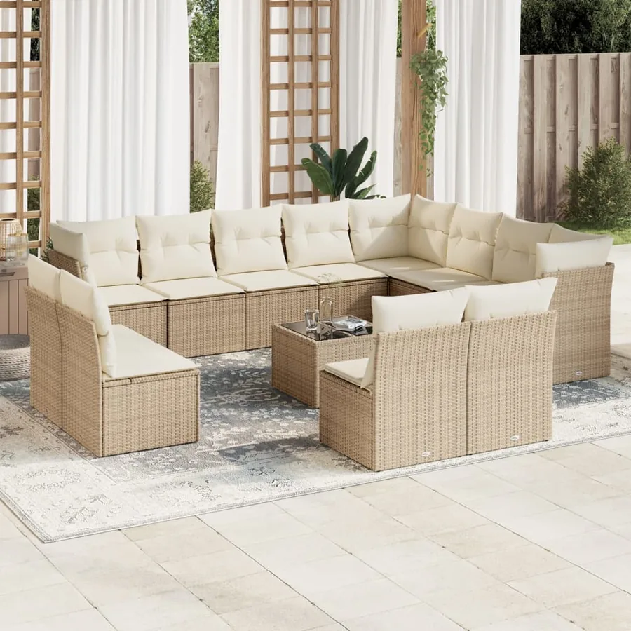 Salon de jardin avec coussins 13 pcs beige résine tressée