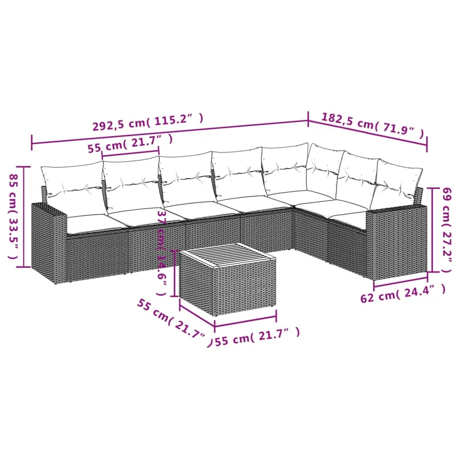 Salon de jardin avec coussins 8 pcs beige résine tressée - 8
