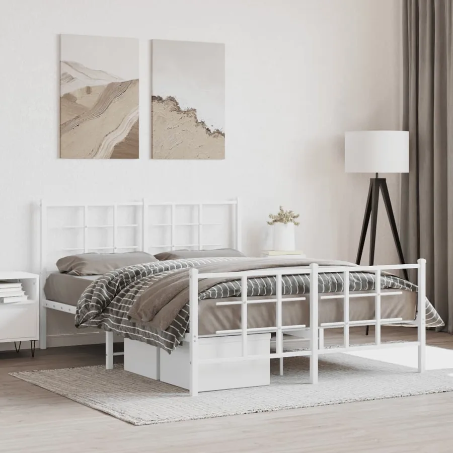 Cadre de lit métal sans matelas et pied de lit blanc 140x190 cm