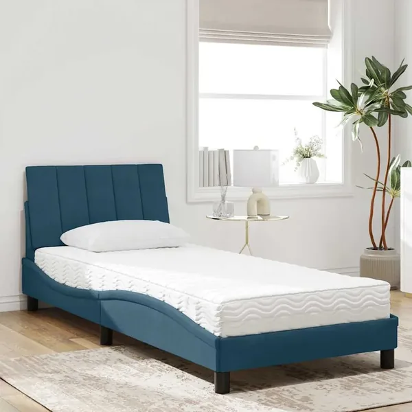 Lit avec matelas Hanko bleu 90x190 cm velours