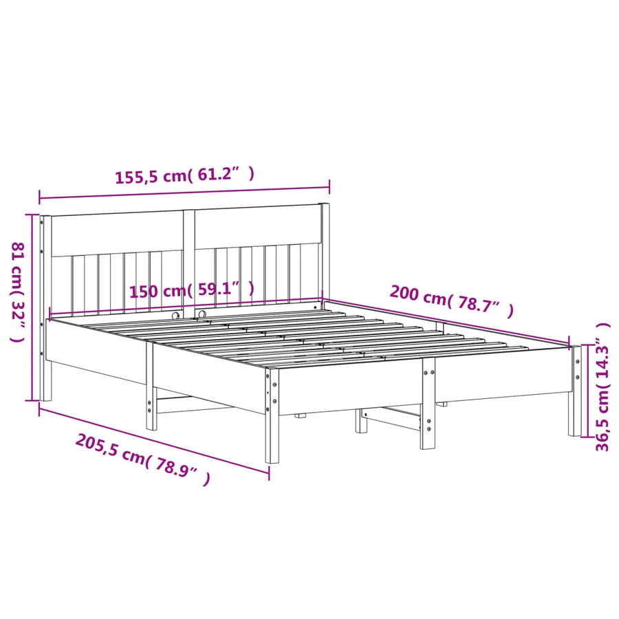 Cadre de lit sans matelas blanc 150x200 cm bois de pin massif - 9