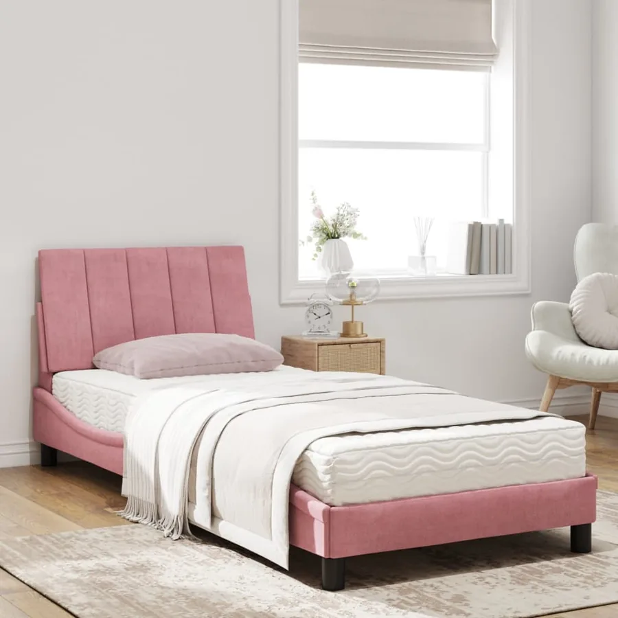 Lit avec matelas Hanko rose 90x200 cm velours - 3