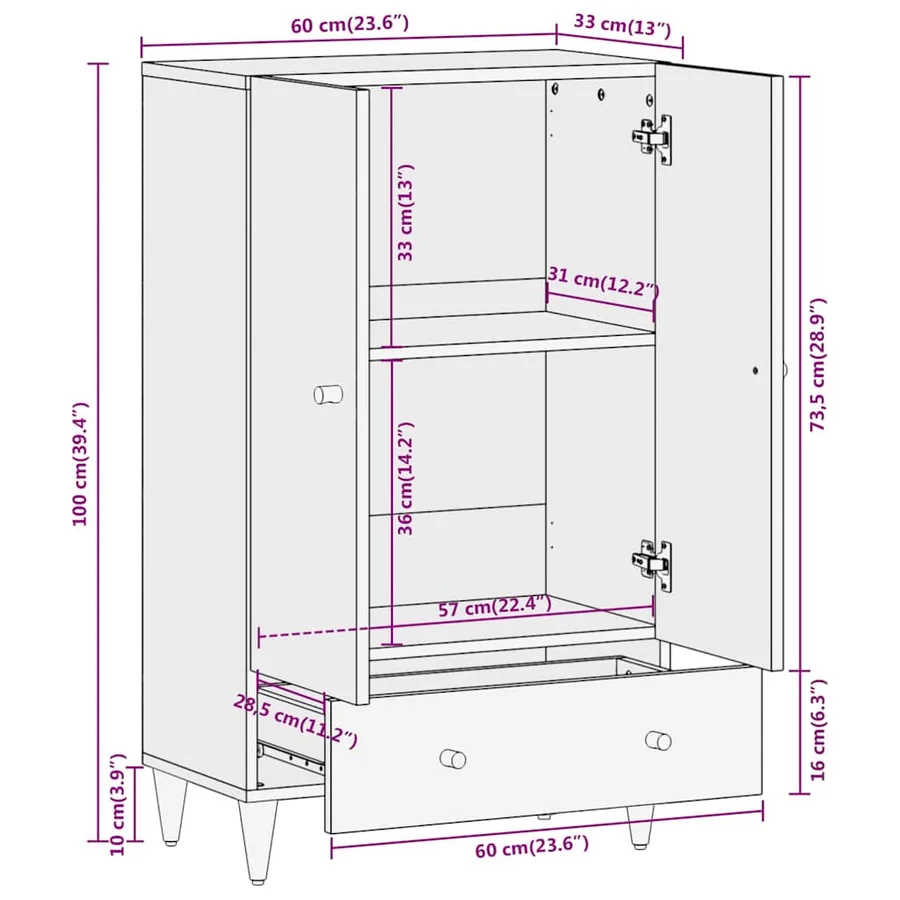 Buffet 60x33x100 cm bois de manguier massif - 11