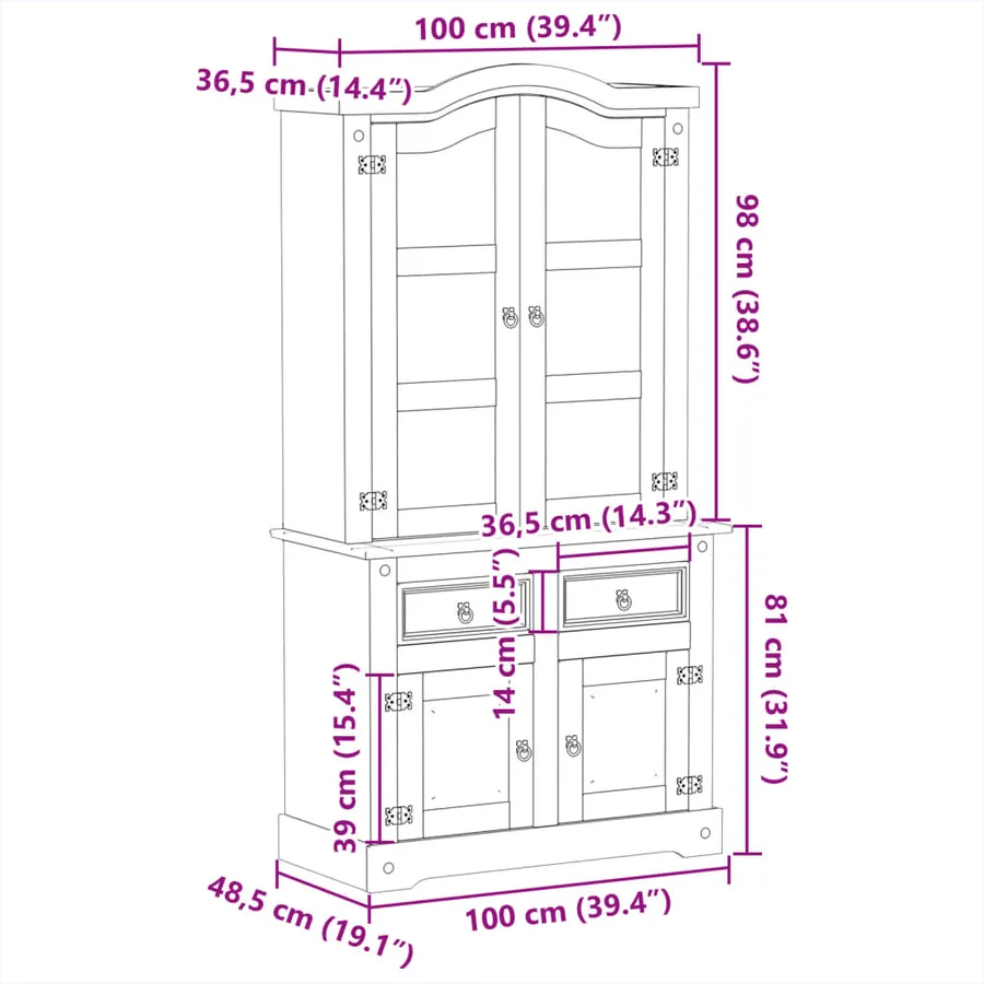 Vitrine en verre Corona 100x48,5x179 cm bois massif de pin - 9
