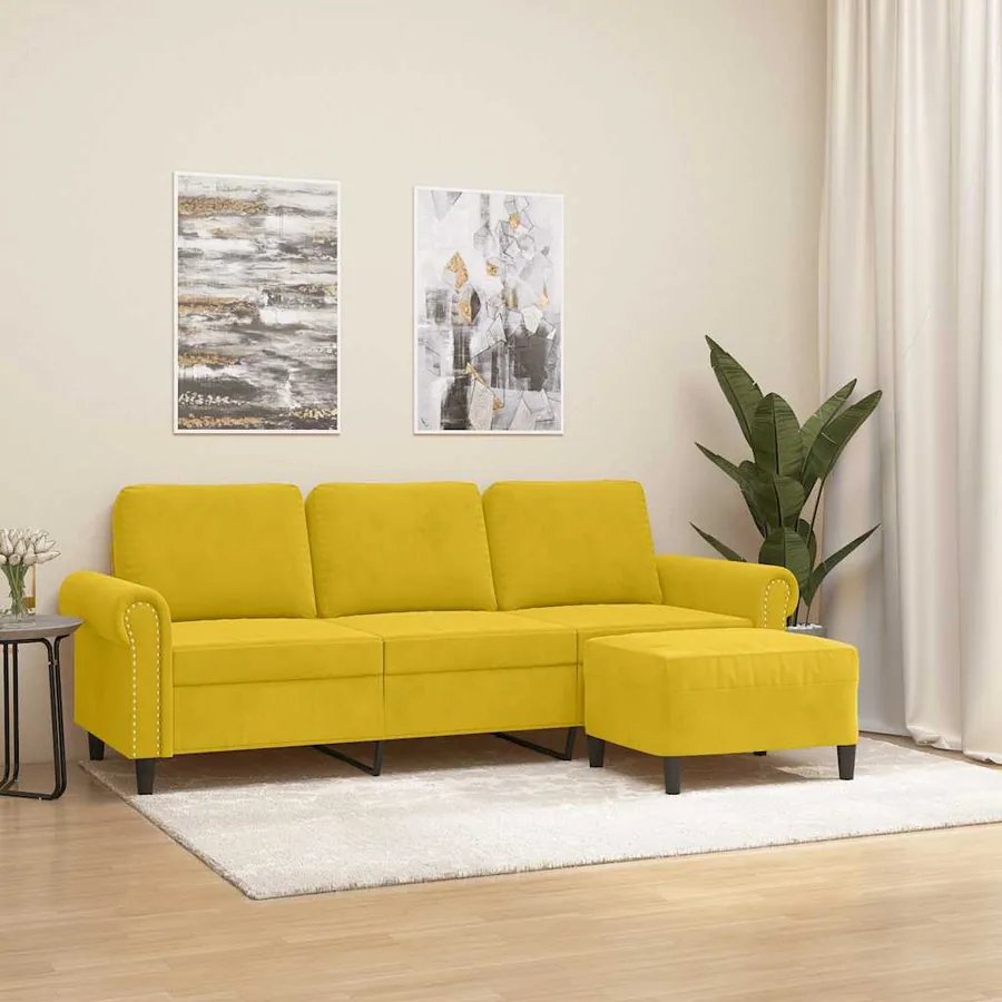 Canapé à 3 places avec repose-pieds jaune 180 cm velours