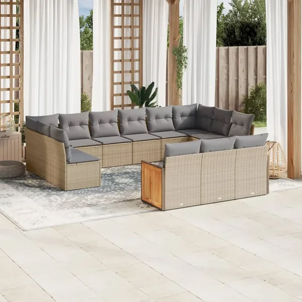 Salon de jardin avec coussins 13 pcs beige résine tressée