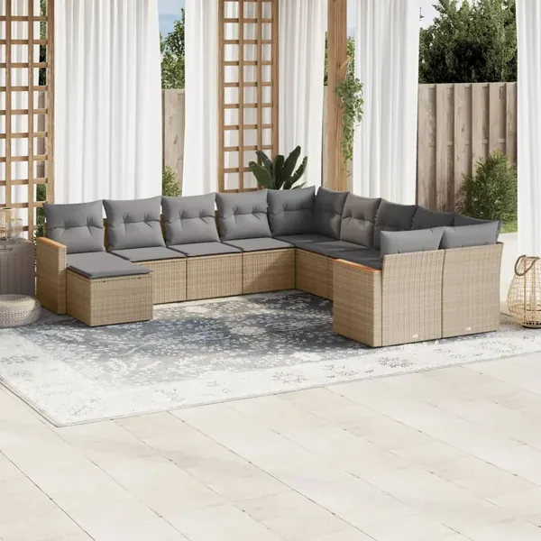 Salon de jardin 11 pcs avec coussins beige résine tressée