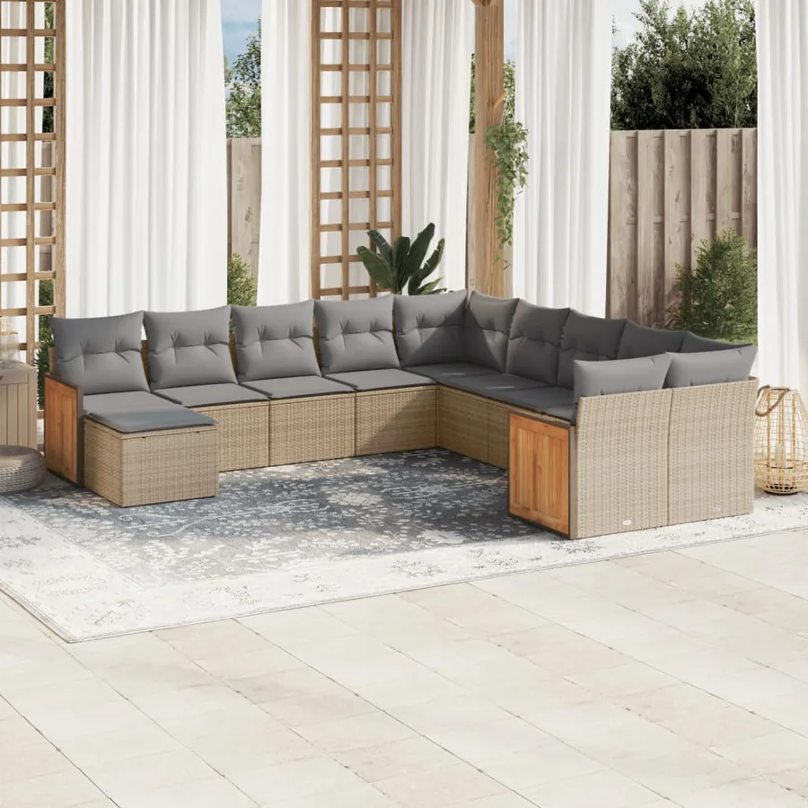 Salon de jardin 11 pcs avec coussins beige résine tressée