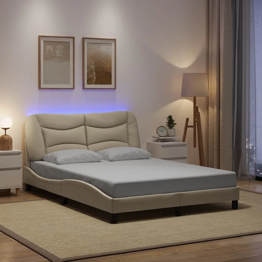 Cadre de lit avec LED sans matelas Hvar crème 140x190 cm tissu