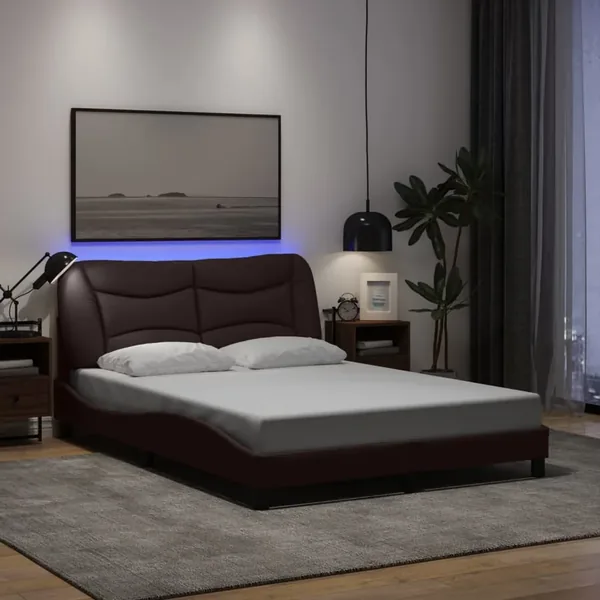 Cadre de lit avec LED sans matelas Hvar marron foncé 140x190cm tissu