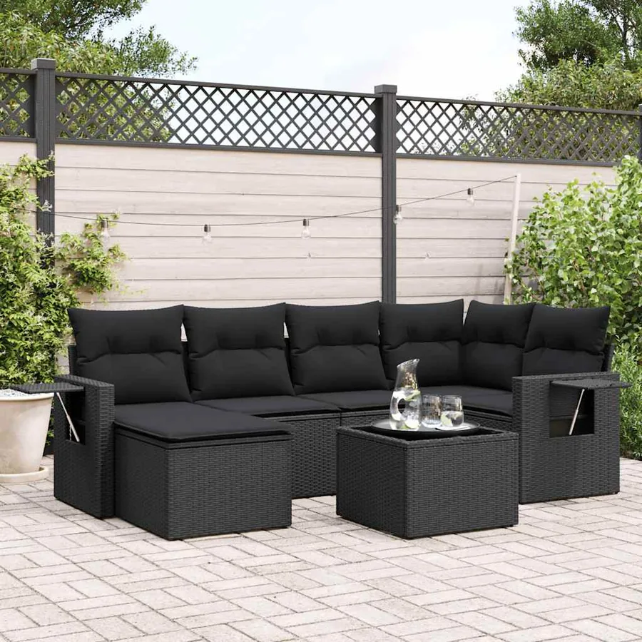 Salon de jardin 7 pcs avec coussins noir résine tressée 55 x 62 x 69 cm - 59,2 kg