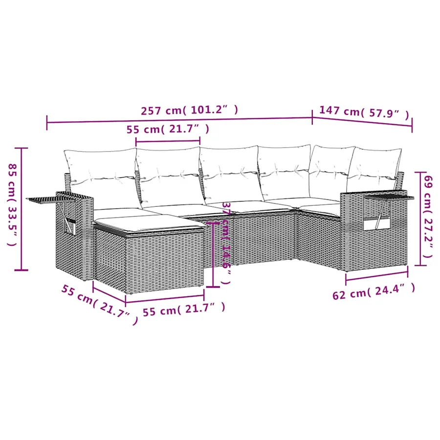 Salon de jardin 6 pcs avec coussins noir résine tressée - 3