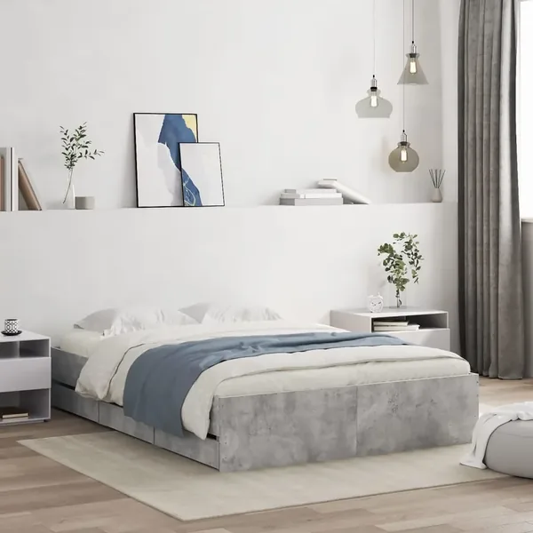 Cadre de lit avec tiroirs sans matelas gris béton 135x190 cm