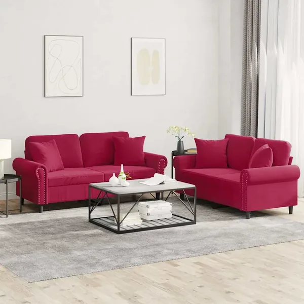 Ensemble de canapés 2 pcs avec coussins rouge bordeaux velours