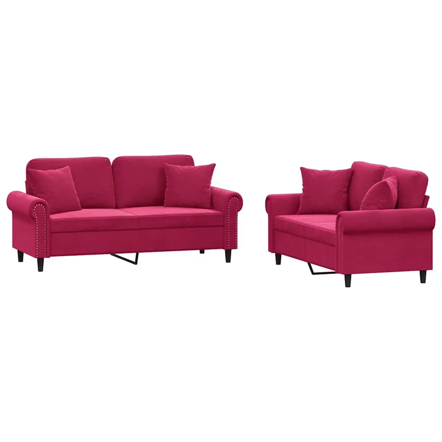 Ensemble de canapés 2 pcs avec coussins rouge bordeaux velours - 2