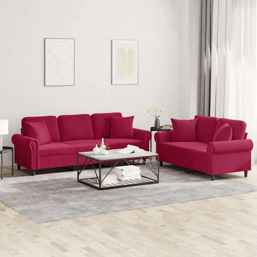 Ensemble de canapés 2 pcs avec coussins rouge bordeaux velours
