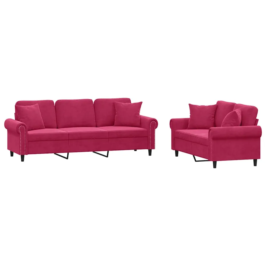 Ensemble de canapés 2 pcs avec coussins rouge bordeaux velours - 2