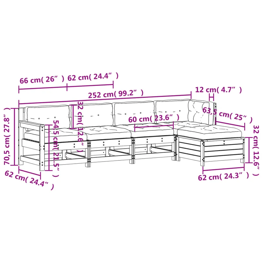 Salon de jardin 5 pcs avec coussins bois de pin imprégné - 11