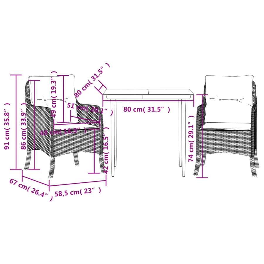 Ensemble à manger de jardin avec coussins 3 pcs Noir - 7