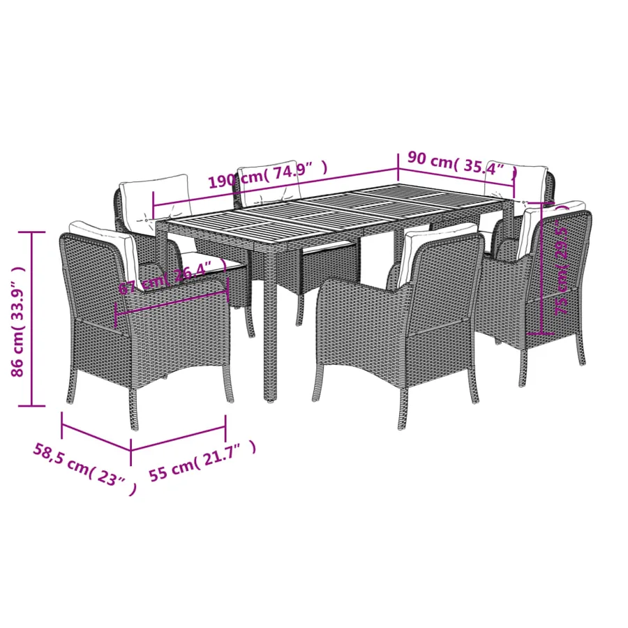 Ensemble à manger de jardin et coussins 7 pcs gris rotin - 7