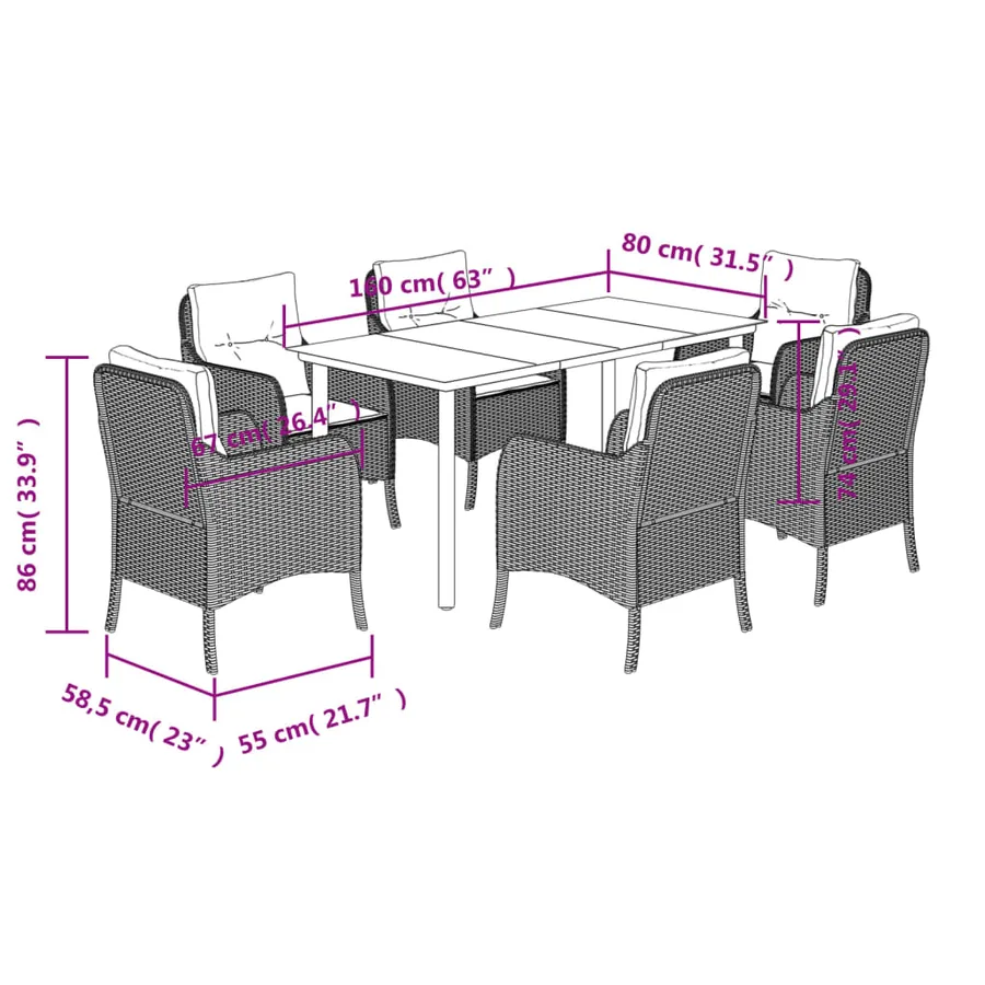 Ensemble à manger de jardin et coussins 7 pcs gris rotin - 7