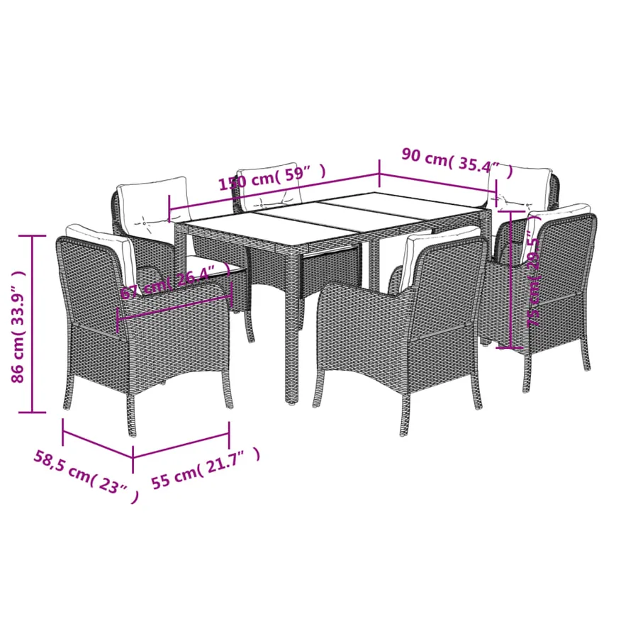 Ensemble à manger de jardin et coussins 7 pcs gris rotin - 7