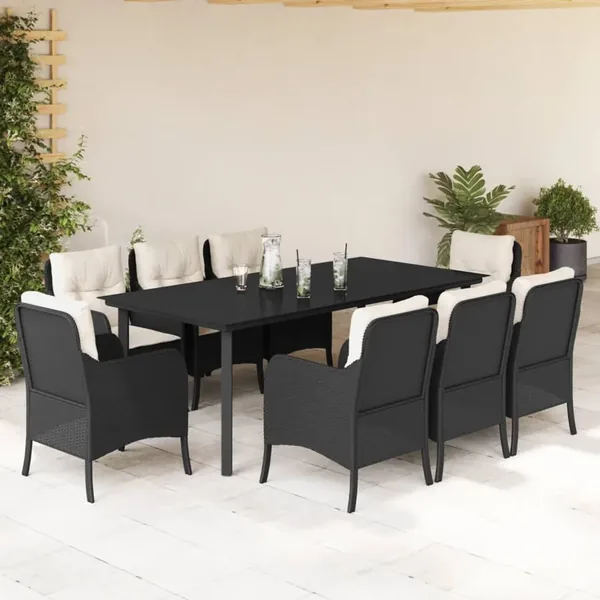 Ensemble à manger de jardin 9pcs coussins noir résine tressée