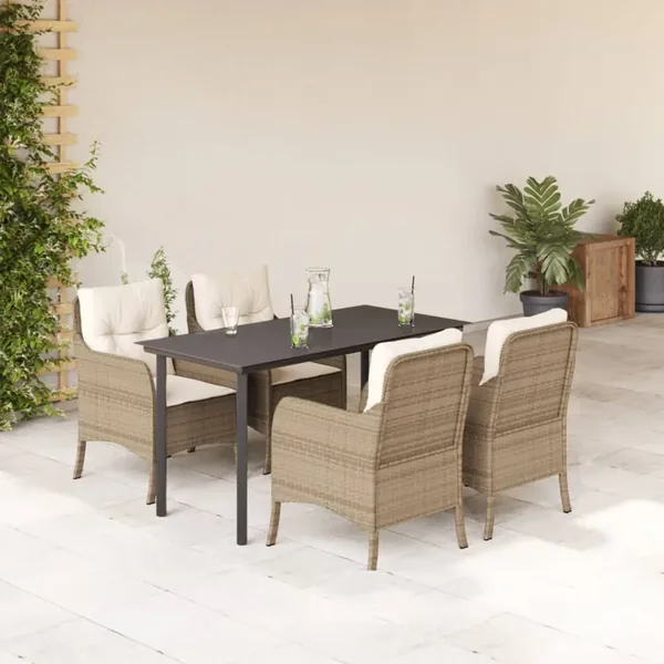 Ensemble à manger de jardin avec coussins 5pcs Beige poly rotin