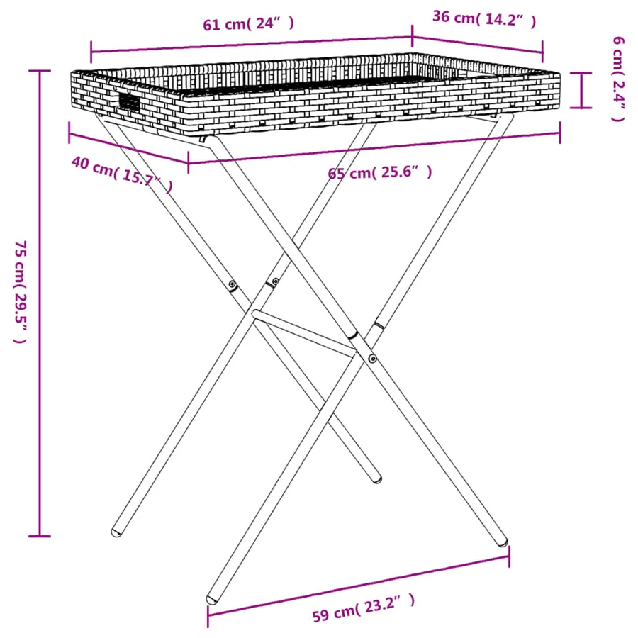 Table à plateau pliable noir 65x40x75 cm résine tressée - 11