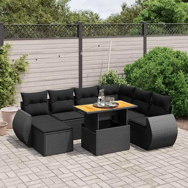 Salon de jardin 8 pcs avec coussins noir résine tressée