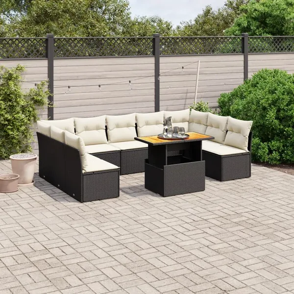 Salon de jardin 10 pcs avec coussins noir résine tressée