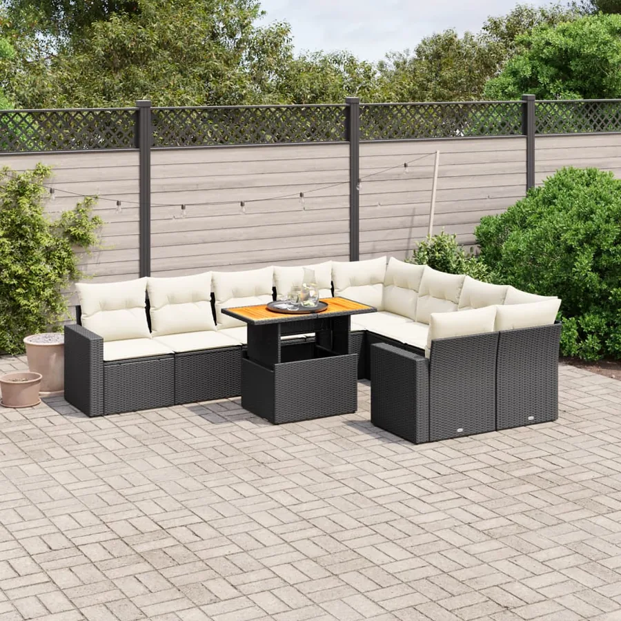 Salon de jardin 10 pcs avec coussins noir résine tressée