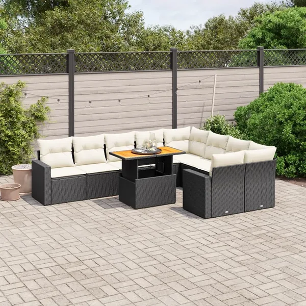 Salon de jardin 10 pcs avec coussins noir résine tressée