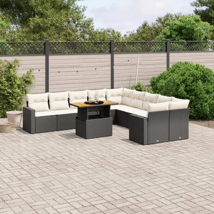 Salon de jardin 11 pcs avec coussins noir résine tressée