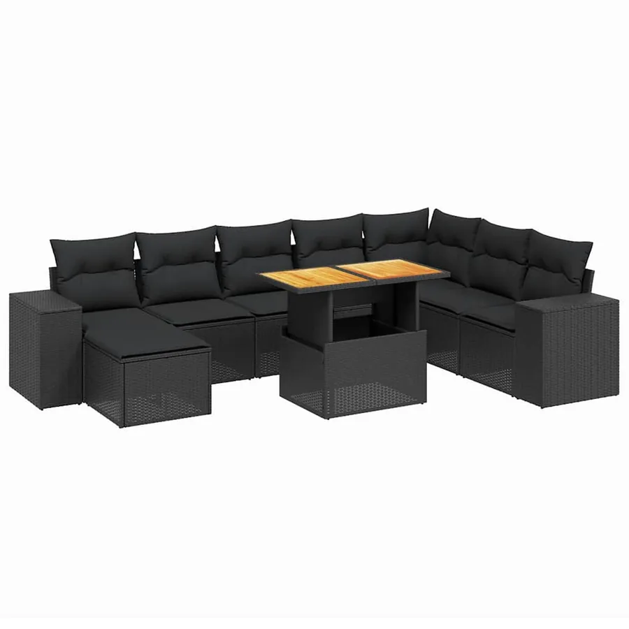 Salon de jardin 9 pcs avec coussins noir résine tressée - 2