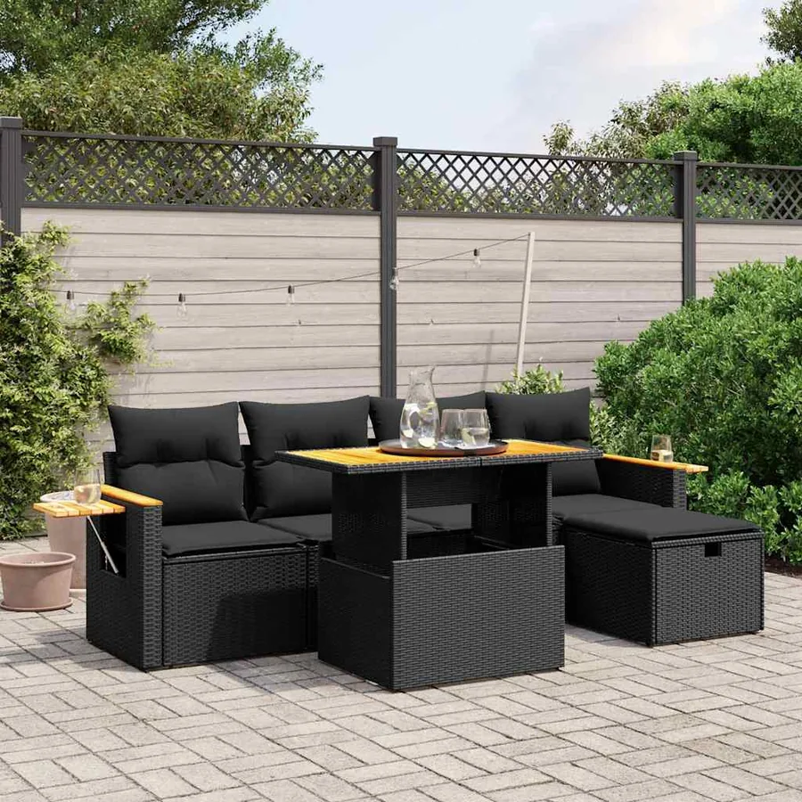 Salon de jardin 6 pcs avec coussins noir résine tressée