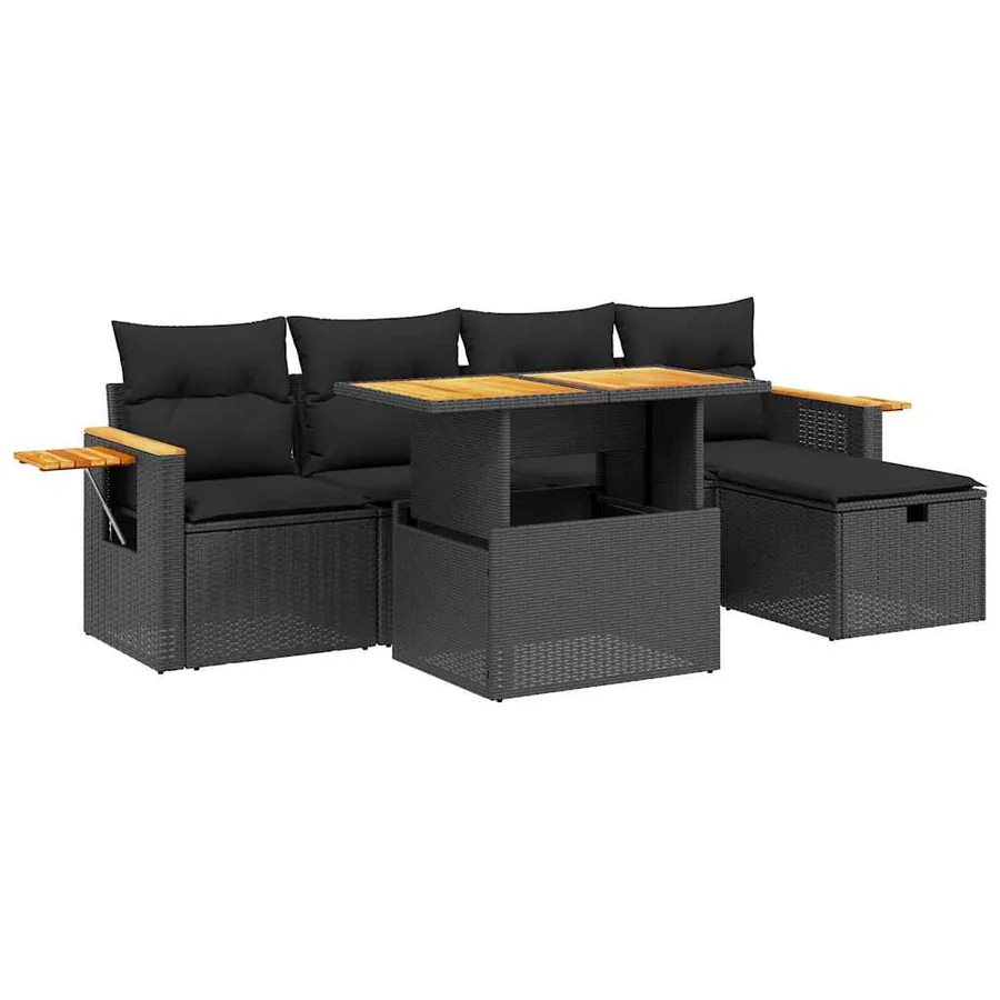 Salon de jardin 6 pcs avec coussins noir résine tressée - 2