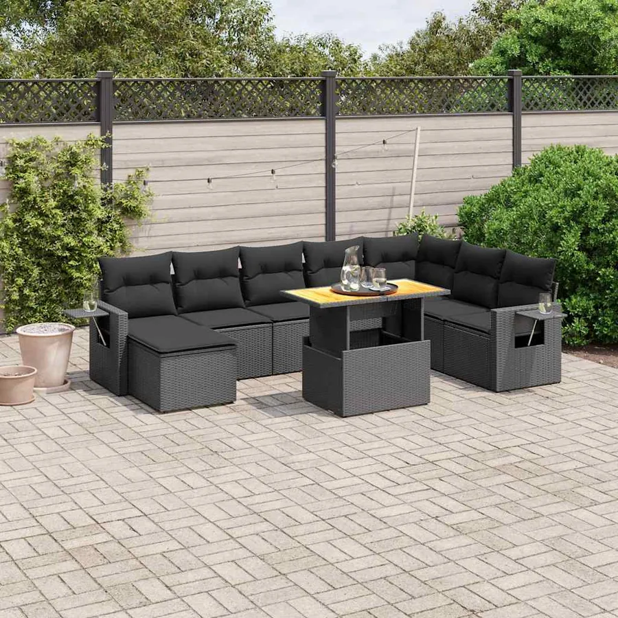 Salon de jardin 9 pcs avec coussins noir résine tressée