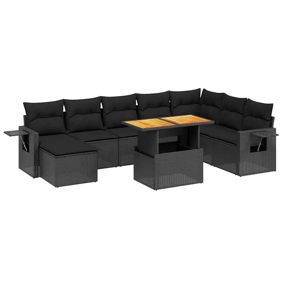 Salon de jardin 9 pcs avec coussins noir résine tressée - 2