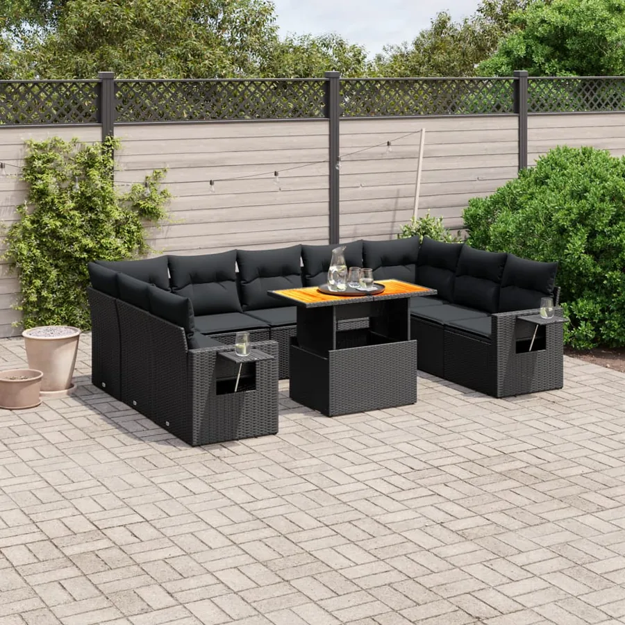 Salon de jardin 10 pcs avec coussins noir résine tressée