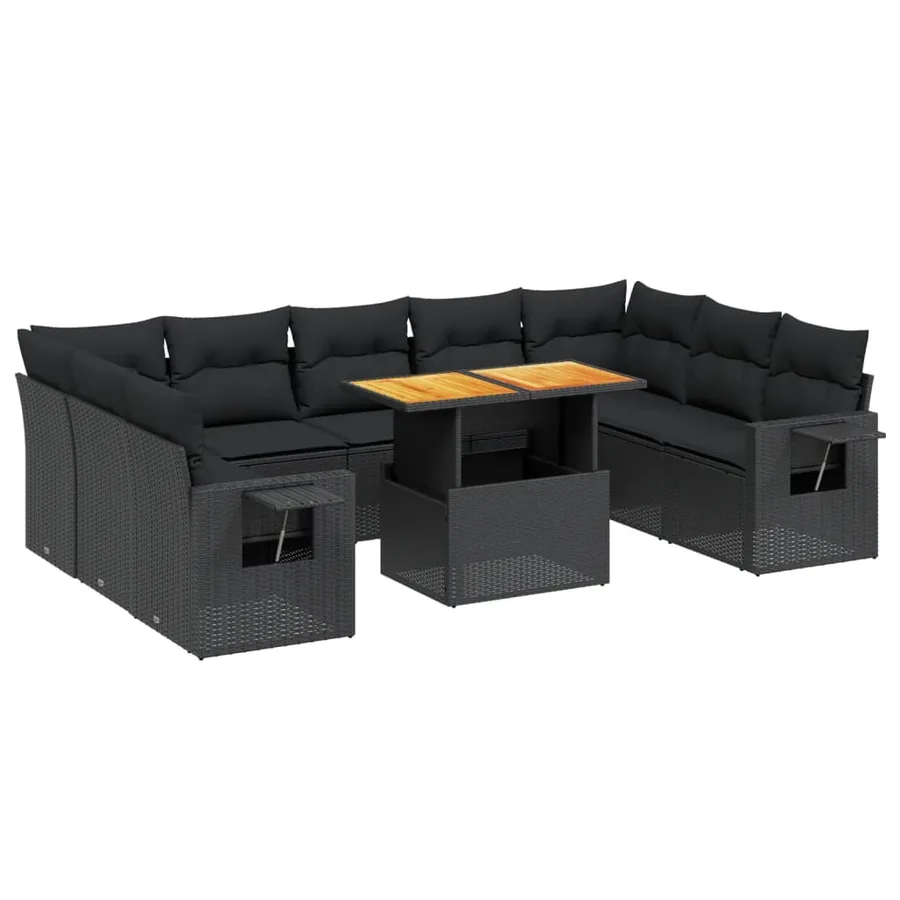Salon de jardin 10 pcs avec coussins noir résine tressée - 2