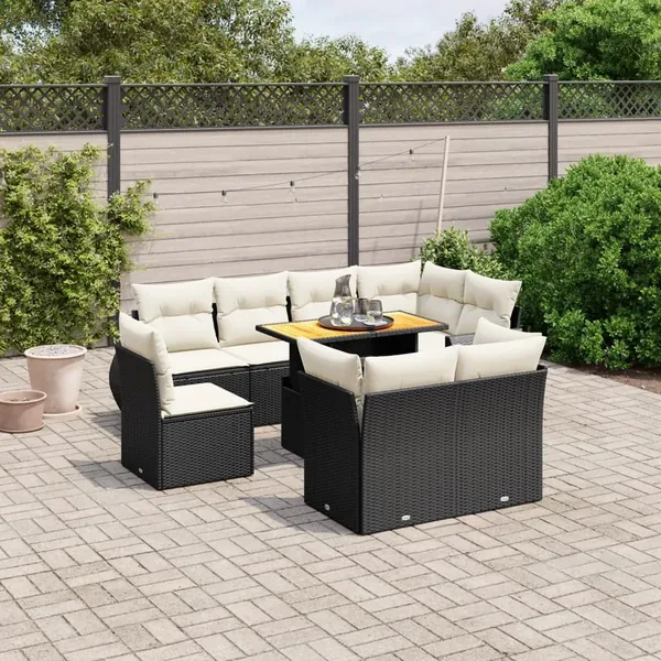 Salon de jardin 9 pcs avec coussins noir résine tressée