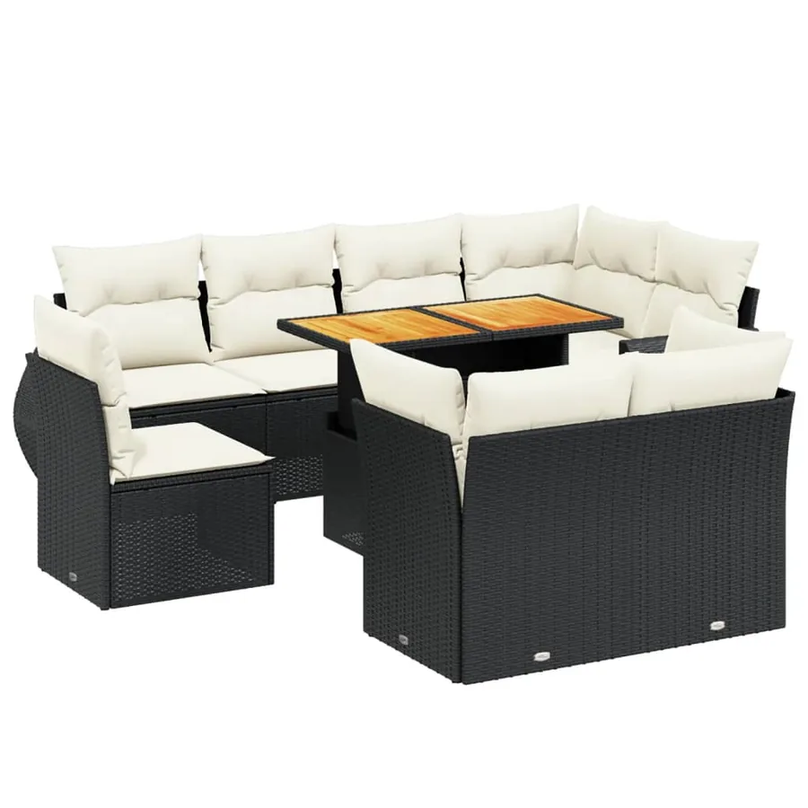 Salon de jardin 9 pcs avec coussins noir résine tressée - 2