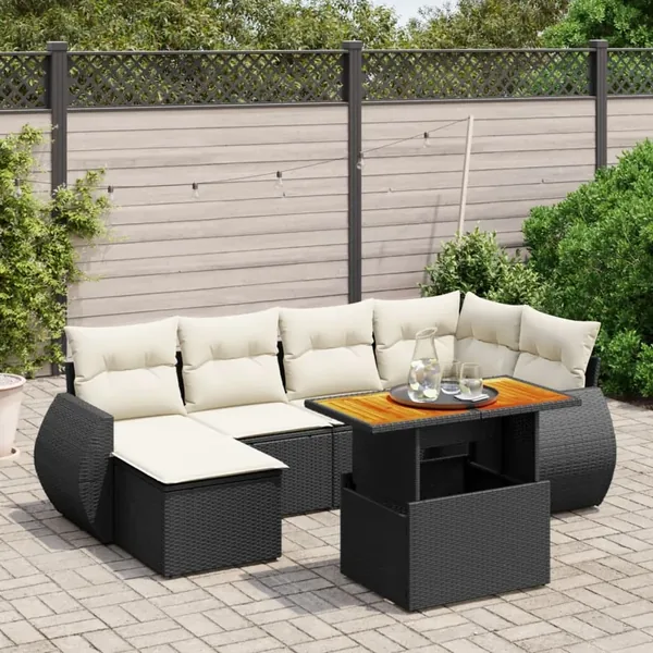 Salon de jardin 7 pcs avec coussins noir résine tressée 62 x 62 x 69 cm - 63,1 kg